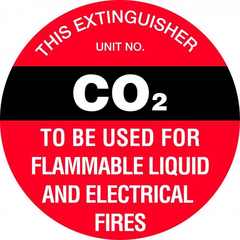 A circular red safety sign with black and white text indicating 'CO2' to be used for flammable liquid and electrical fires, with a symbol of a fire extinguisher.