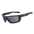 A pair of black glossy flash safety glasses with wrap-around design and smoke lenses.