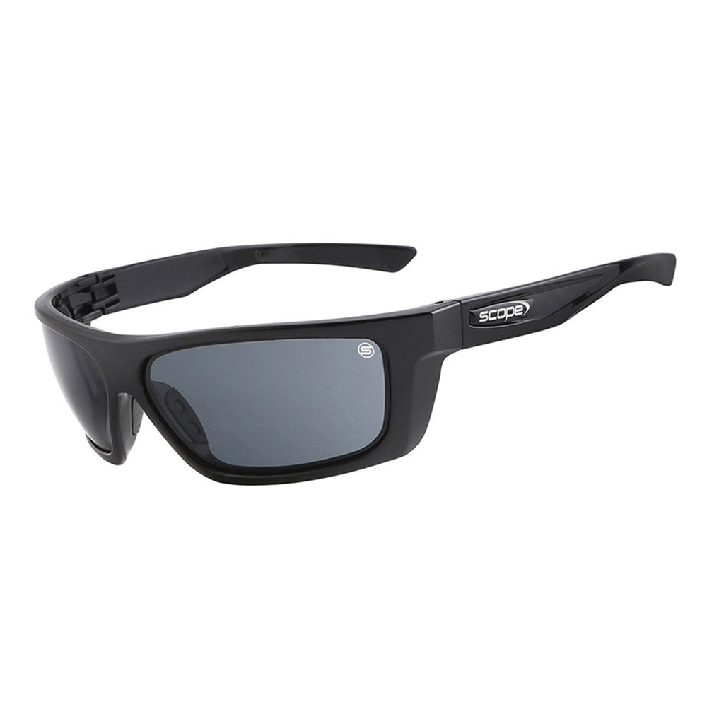 A pair of black glossy flash safety glasses with wrap-around design and smoke lenses.
