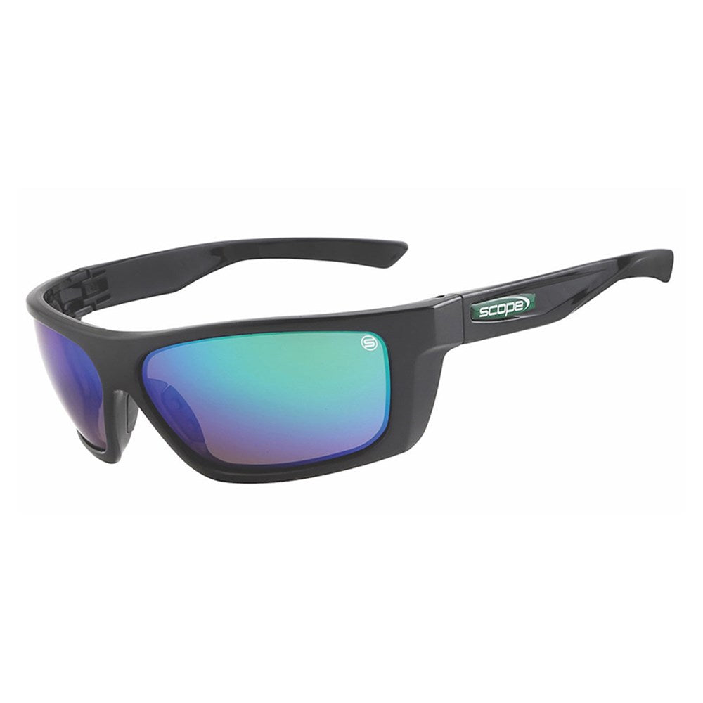 A pair of black glossy frame sunglasses with jade mirrored lenses.