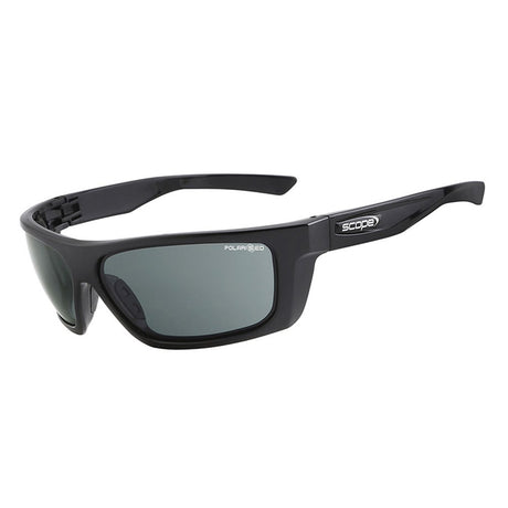 A pair of black glossy flash sunglasses with polarized lenses and a logo on the side.