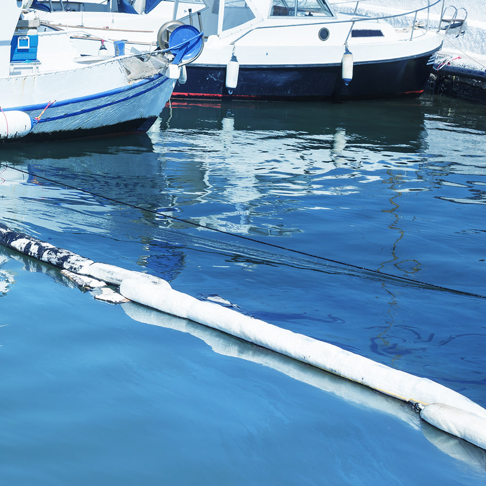  Floating Oil & Fuel Boom on water containing a oil spill
