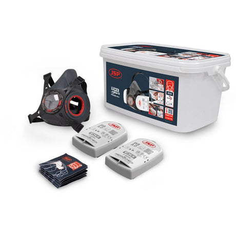 Force Typhoon 8 Half Mask Respirator Asbestos/Silica/Dust Kit With P2 Filters, including the mask, two PressToCheck P2 Dust Filters, and sanitary wipes placed in front of a white bucket with the product's branding.