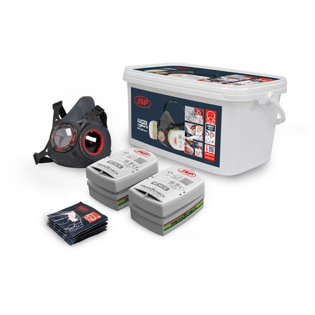 Force Typhoon 8 Half Mask Respirator Multi-Gas Kit with ABEK1P2 Filters, including the mask, two encapsulated filters, and sanitary wipes, displayed alongside a white container with the product branding.