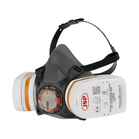 A white half mask respirator with A2P2 filters and a black harness, equipped with a Typhoon exhalation valve, against a plain background.