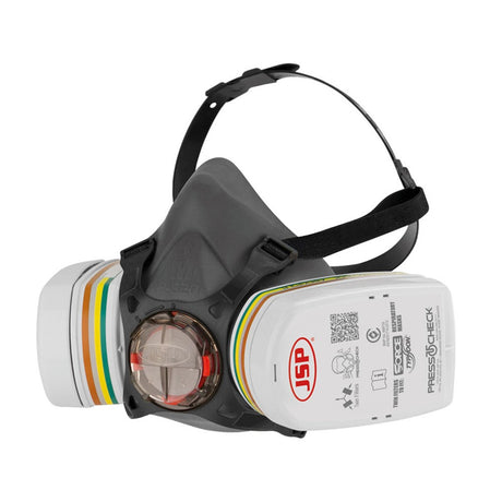 A white half mask respirator with ABEK1P2 filters, featuring a gray seal and black straps, designed for use in environments exposed to multiple gas, vapour, and dust hazards.