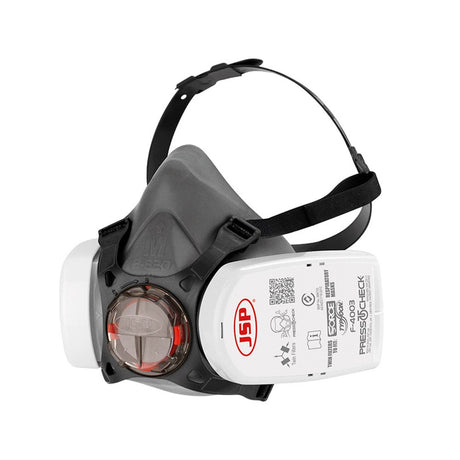 A white and black half mask respirator with P2 filters from the brand Force Typhoon, featuring a thermal plastic rubber construction and an adjustable cradle suspension.