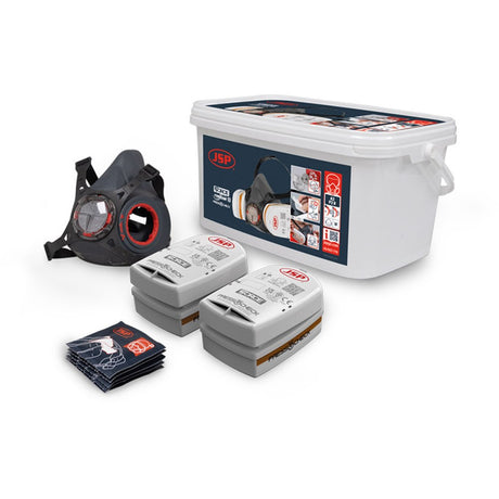 Force Typhoon 8 Half Mask Respirator Spray Painters Kit With A2P2 Filters, including the mask, two filters, and sanitary wipes, displayed alongside a white storage container.