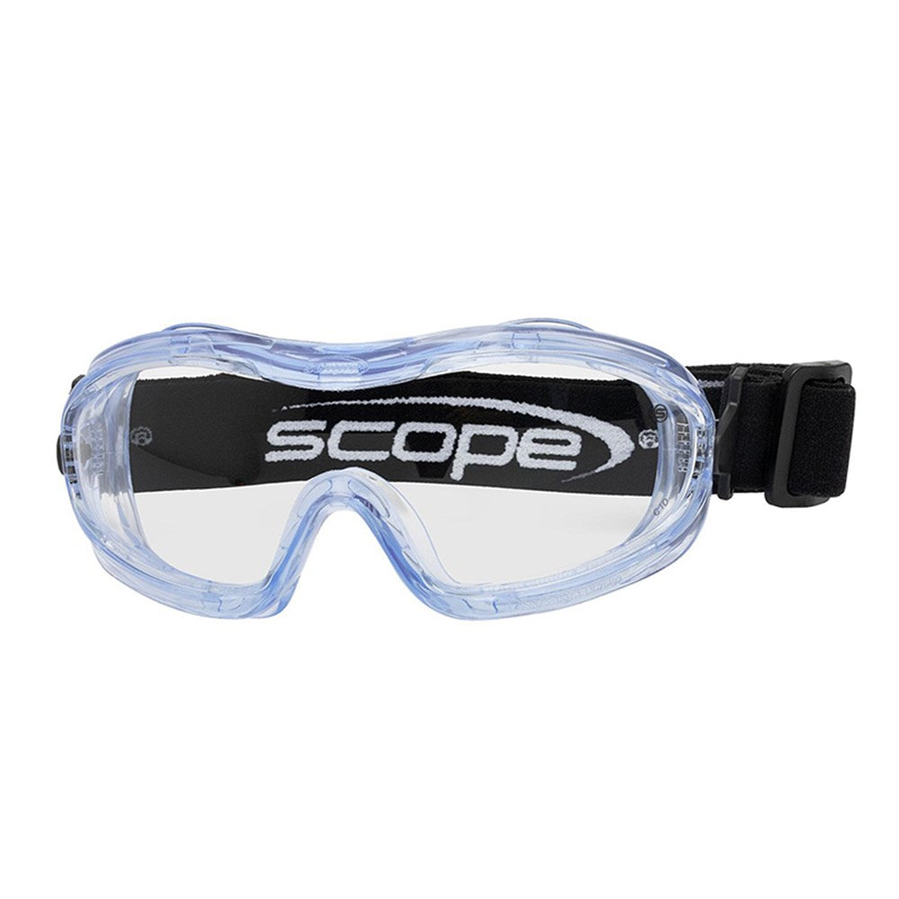 A pair of protective eyewear with a blue frame and clear lens, featuring an adjustable black strap and indirect side venting.