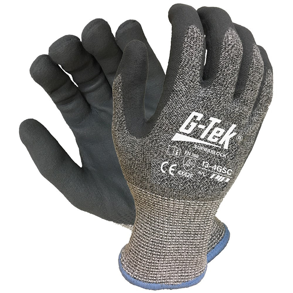 A pair of G-TEK Suprablock gloves, with the brand logo visible on the wrist area. The gloves are designed with a cut-resistant knit liner and a black nitrile coating on the palms and fingers.