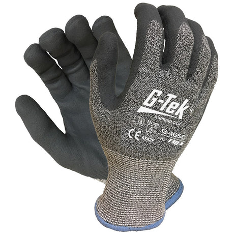 A pair of G-TEK Suprablock gloves, with the brand logo visible on the wrist area. The gloves are designed with a cut-resistant knit liner and a black nitrile coating on the palms and fingers.