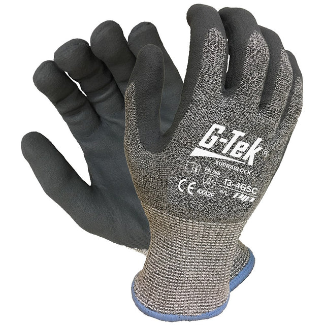 A pair of G-TEK Suprablock gloves, with the brand logo visible on the wrist area. The gloves are designed with a cut-resistant knit liner and a black nitrile coating on the palms and fingers.