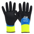 A pair of G-Tek winter gloves with cut-resistant properties. The gloves are black with blue and yellow accents, featuring a nitrile foam coating, and are labeled as size 10.