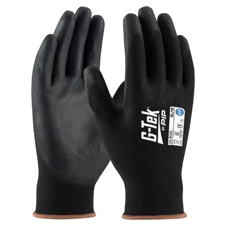 A pair of black nylon gloves with polyurethane coated flat grip on palm and fingers, branded with the label G-Tek.