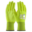A pair of G-Tek brand safety gloves in hi-vis yellow with polyurethane coated flat grip on palm and fingers, designed for safety and dexterity.