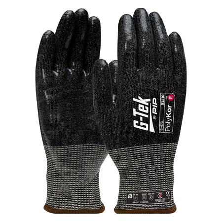 A pair of black G-Tek PolyKor cut-resistant gloves with silicone dip on the palm and fingers.