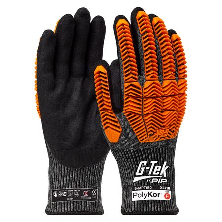 A pair of G-Tek PolyKor seamless impact cut resistant gloves with nitrile microSurface coating in orange and black.