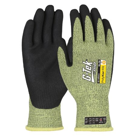 A pair of G-Tek PolyKor ARAMID cut resistant gloves with neoprene foam coated grip on palm and fingers, featuring a knit wrist design.