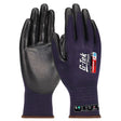 A pair of navy blue G-Tek safety gloves with PosiGripMax coating on palm and fingers, designed for oil resistance and grip.