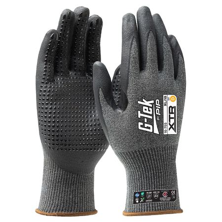 A pair of G-Tek Xtr 15G seamless knit gloves with a dotted grip on the palm and fingers, in black and gray colors.