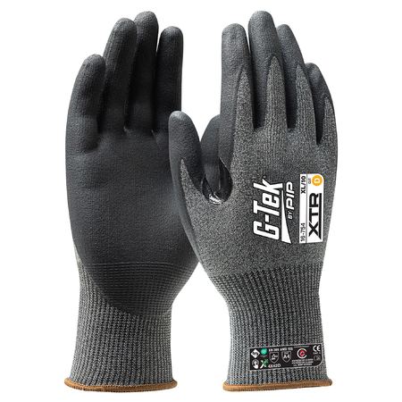 A pair of G-Tek Xtr 15G cut resistant gloves with nitrile foam coated palm and fingers, showing both sides of the gloves.