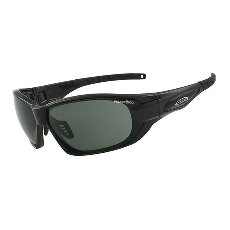 A pair of black gloss frame polarized sunglasses with interchangeable lenses.