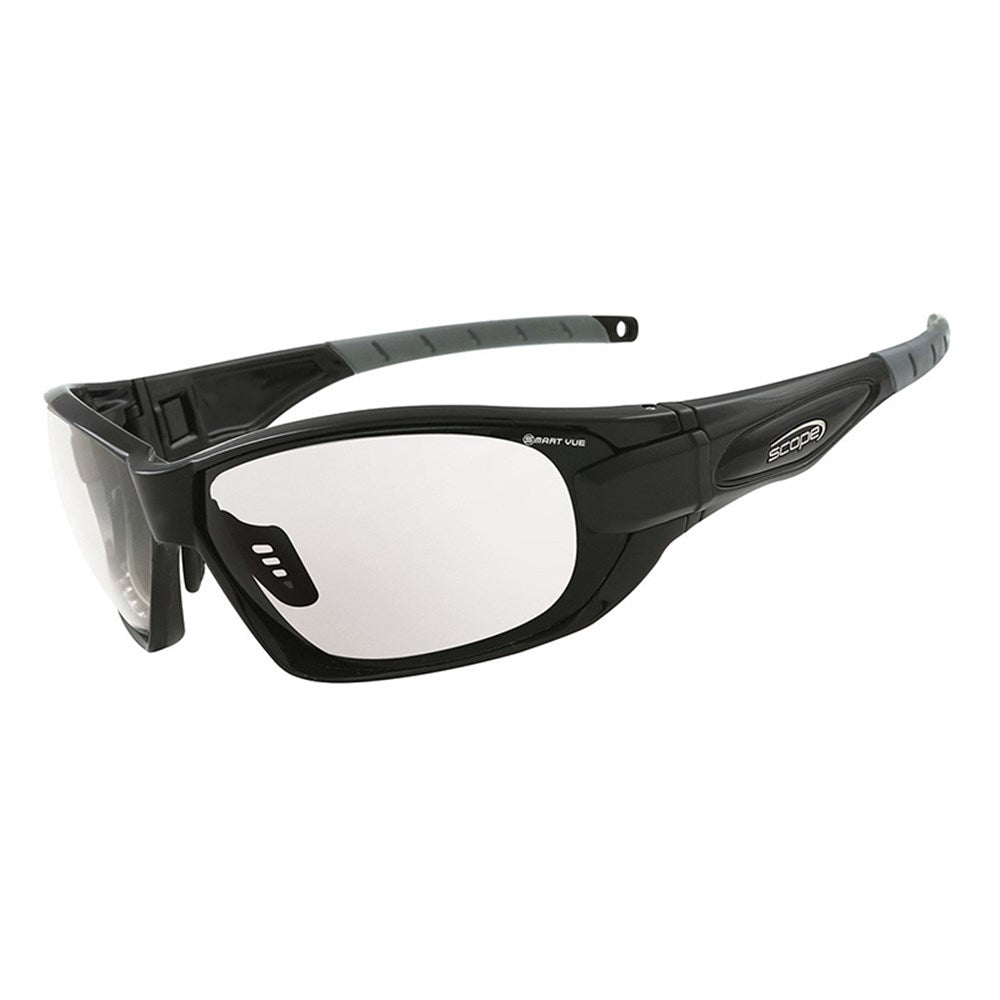 A pair of black gloss frame protective eyewear with photochromic lenses designed for smart vue, featuring a high wrap dual lens design and adjustable rubber nose bridge.