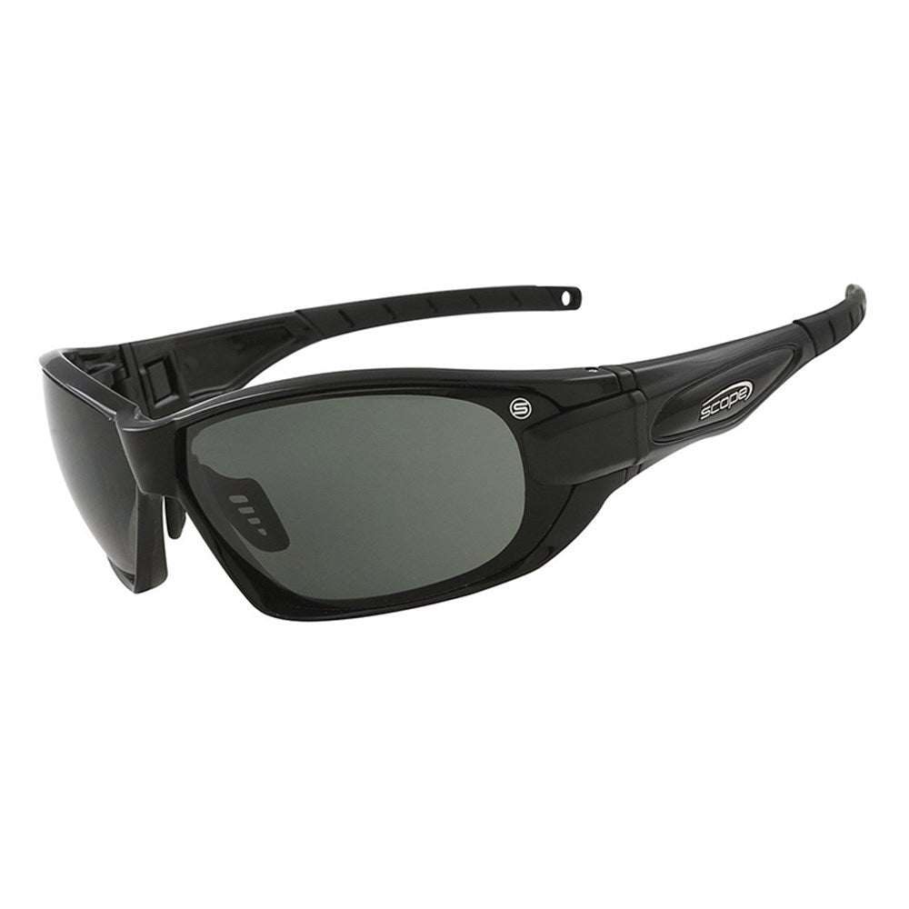 A pair of black gloss frame sunglasses with titanium arms and smoke gray lenses.