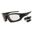 A pair of black frame safety glasses with clear lenses, including a detachable gasket and elastic straps for converting to goggle style.