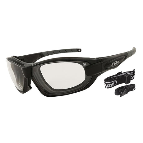 A pair of black frame safety glasses with clear lenses, including a detachable gasket and elastic straps for converting to goggle style.