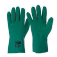 A pair of green latex rubber gloves with heavy duty ripple texture for excellent grip in wet environment, interlock lined for comfort.