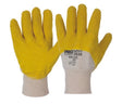 A pair of yellow latex rubber gloves with a knitted wrist section, designed for grip and comfort.