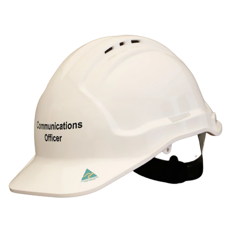 White hard hat with 'Communications Officer' text on a white background