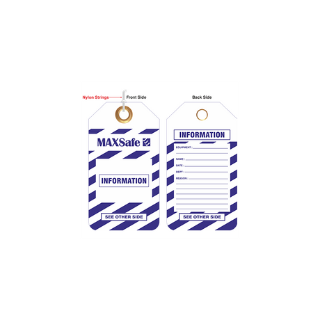 A set of two white and blue information tags with a brass eyelet on one side and a nylon tie string on the other, labeled 'MAX-SAFE II' and 'INFORMATION'.