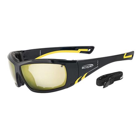 A pair of black and yellow full frame wraparound sunglasses with an adjustable strap and amber lenses.
