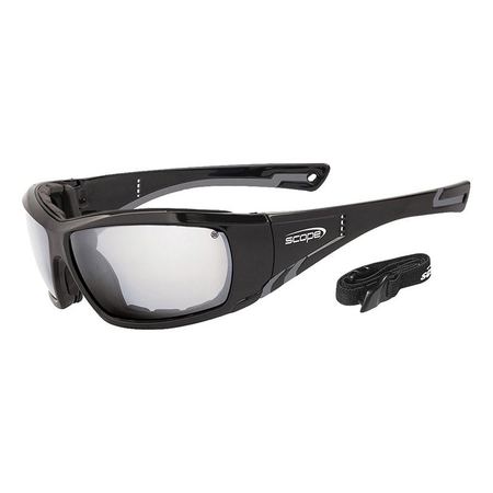 A pair of black full wrap frame protective eyewear with clear lens, featuring a gasket and an adjustable elastic strap.