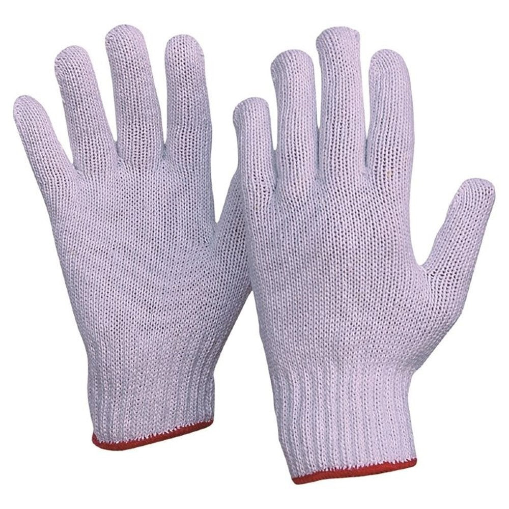 A pair of white knitted gloves made of polyester and cotton, displayed in a snug fit.