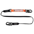 A LINQ Elite Single Leg Shock Absorbing Webbing Lanyard With Hardware SN X2, featuring a black webbing lanyard, orange label, and metal hardware.