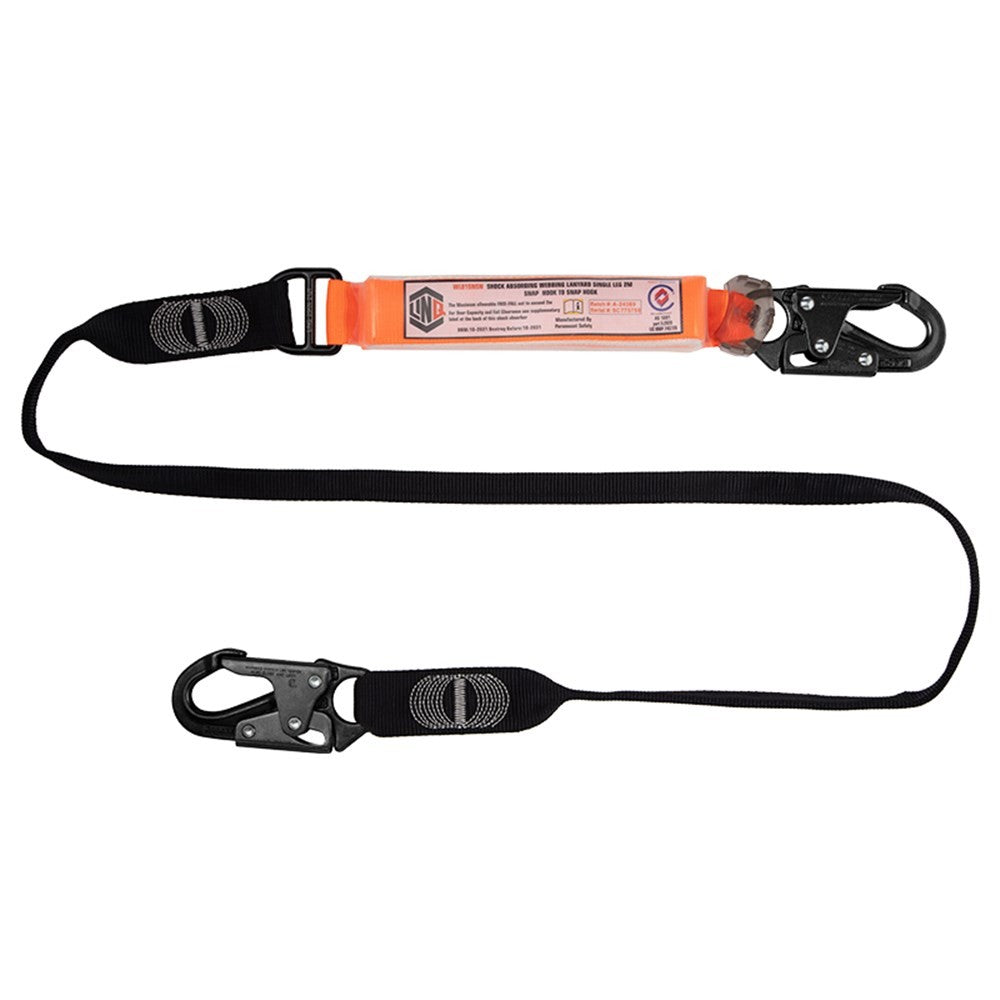 A LINQ Elite Single Leg Shock Absorbing Webbing Lanyard With Hardware SN X2, featuring a black webbing lanyard, orange label, and metal hardware.