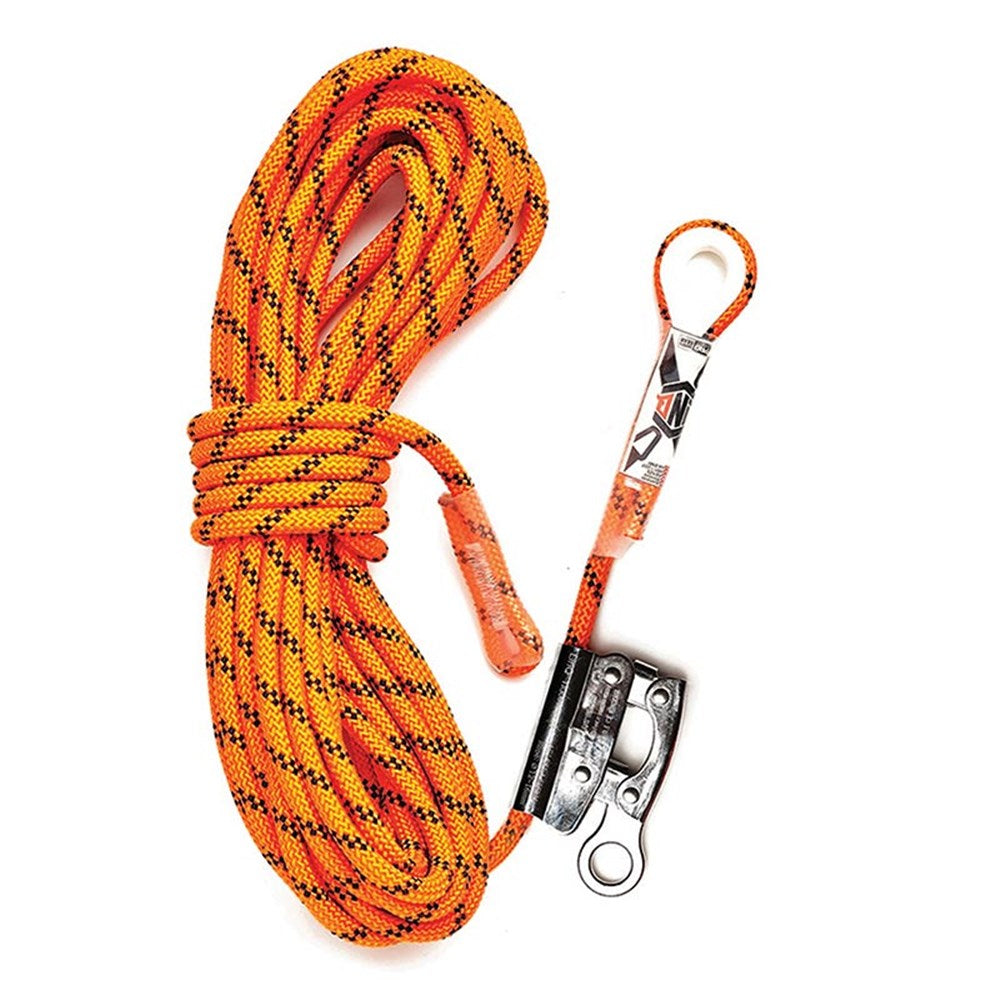 An orange and black kermantle safety rope with a thimble eye and rope grab, including a metal screwgate karabiner and a shock absorber pack.