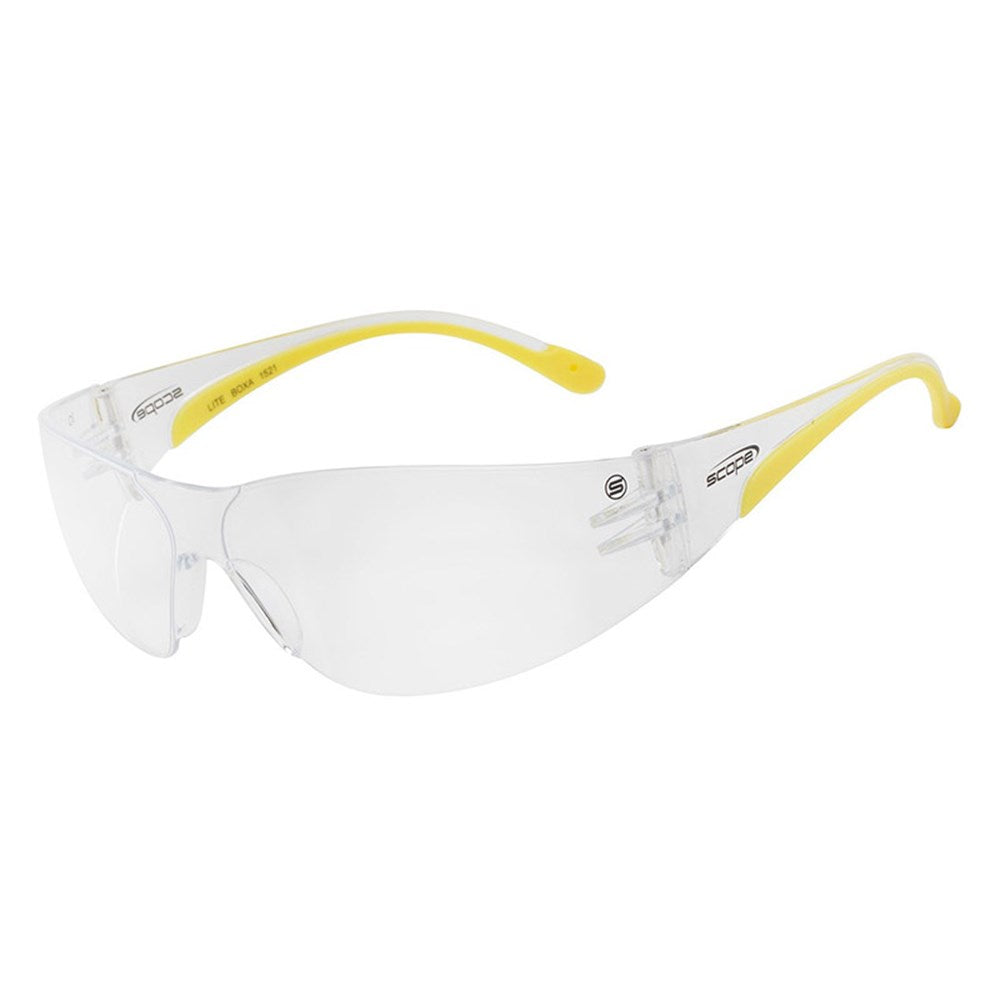 A pair of Lite Boxa protective eyewear with clear lenses and yellow color temples.