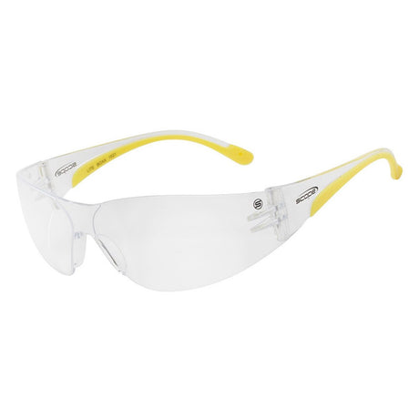 A pair of Lite Boxa protective eyewear with clear lenses and yellow color temples.