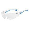 A pair of protective eyewear with clear lenses and blue temples.