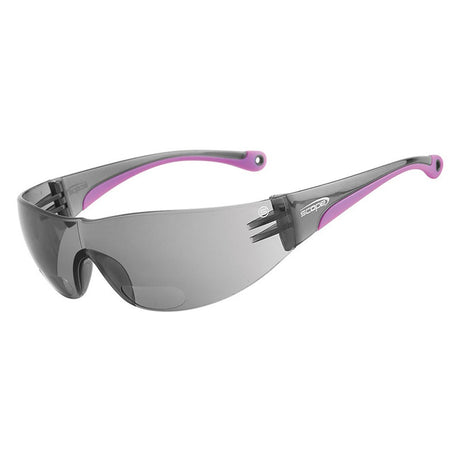 A pair of protective eyewear with smoke gray lenses and pink accents on the frame and temples.