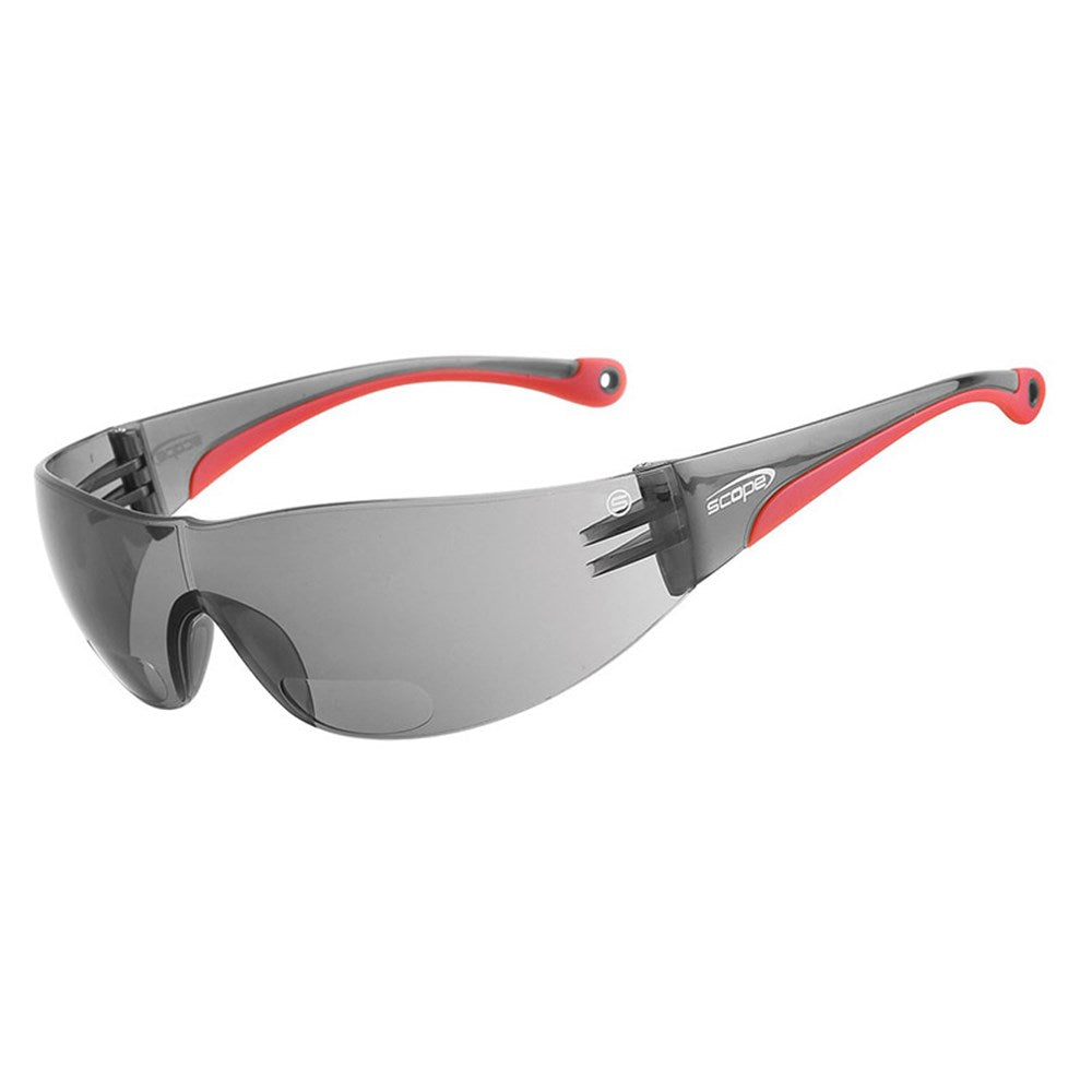A pair of protective eyewear with smoke lenses and red temples, designed for both safety and reading.