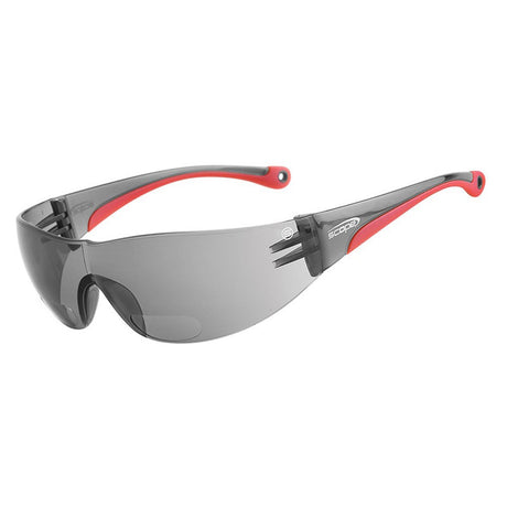 A pair of protective eyewear with smoke lenses and red temples, designed for both safety and reading.