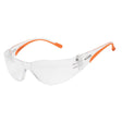 A pair of rimless protective eyewear with clear lenses and orange temples.
