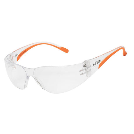 A pair of rimless protective eyewear with clear lenses and orange temples.