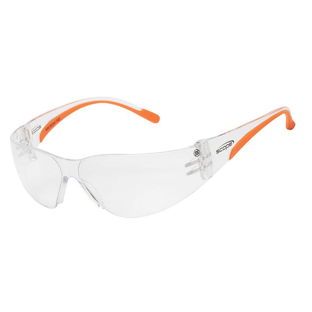 A pair of rimless protective eyewear with clear lenses and orange temples.