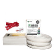 An oil and fuel spill kit refill pack displayed with various components including absorbent pads, booms, gloves, and a packaging bag.